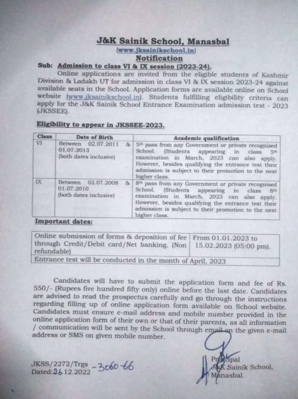 J&K Sainik School Manasbal Admission Notice for Class 6th and 9th Session 2023